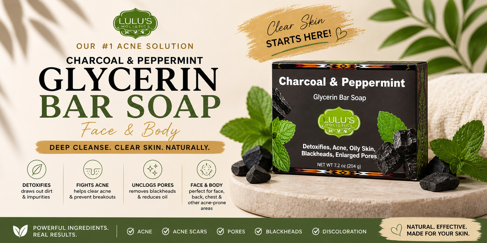 Lulu's Holistics Charcoal and Peppermint Glycerin Bar Soap promotional banner for face and body deep cleanse, showing the product box, charcoal pieces, and mint leaves.