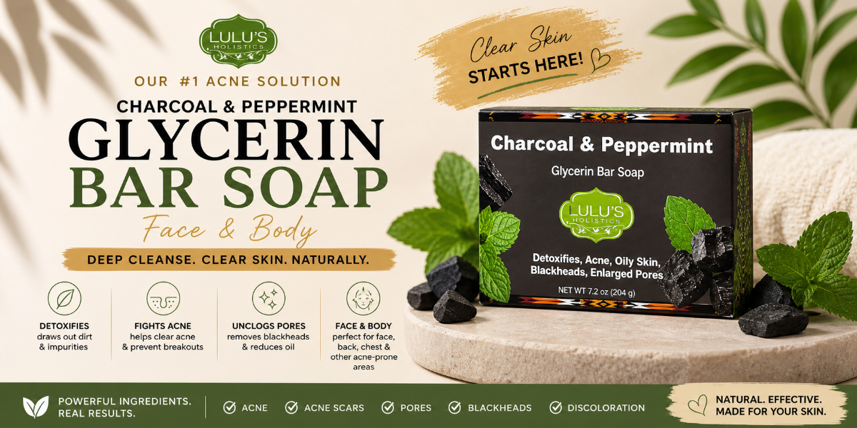 Lulu's Holistics Charcoal and Peppermint Glycerin Bar Soap promotional banner for face and body deep cleanse, showing the product box, charcoal pieces, and mint leaves.