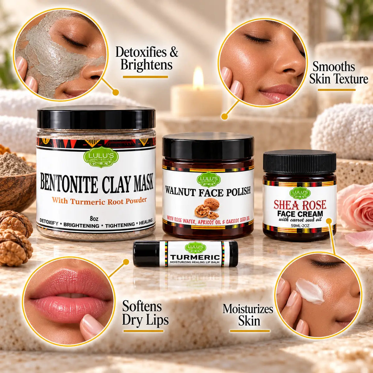 Detox & Glow Hauttrio – Tonerde-Maske, Gesichts-Peeling & Lippenbalsam