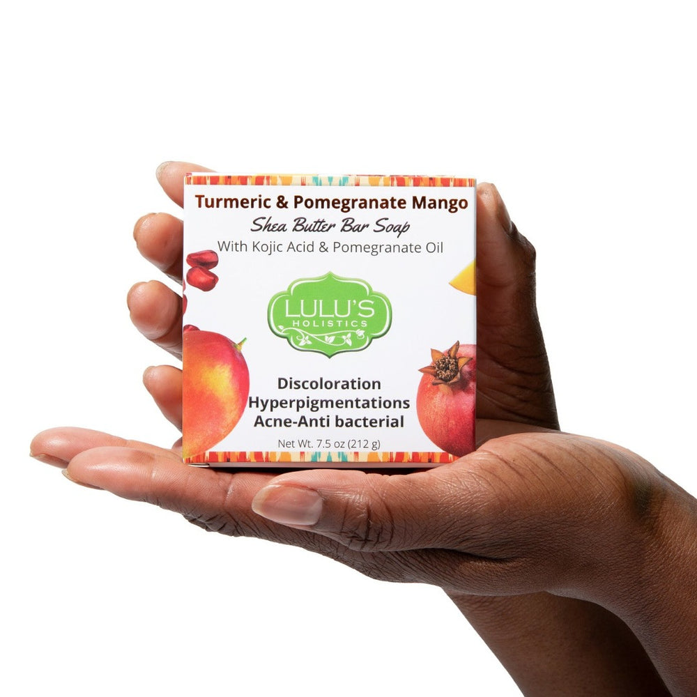 Lulu's Holistics Pomegranate Mango Turmeric & Kojic Acid Bar Soap. This natural shea butter face and body wash gently cleanses and brightens uneven skin tone, making it the best daily soap for targeting dark spots and hyperpigmentation.