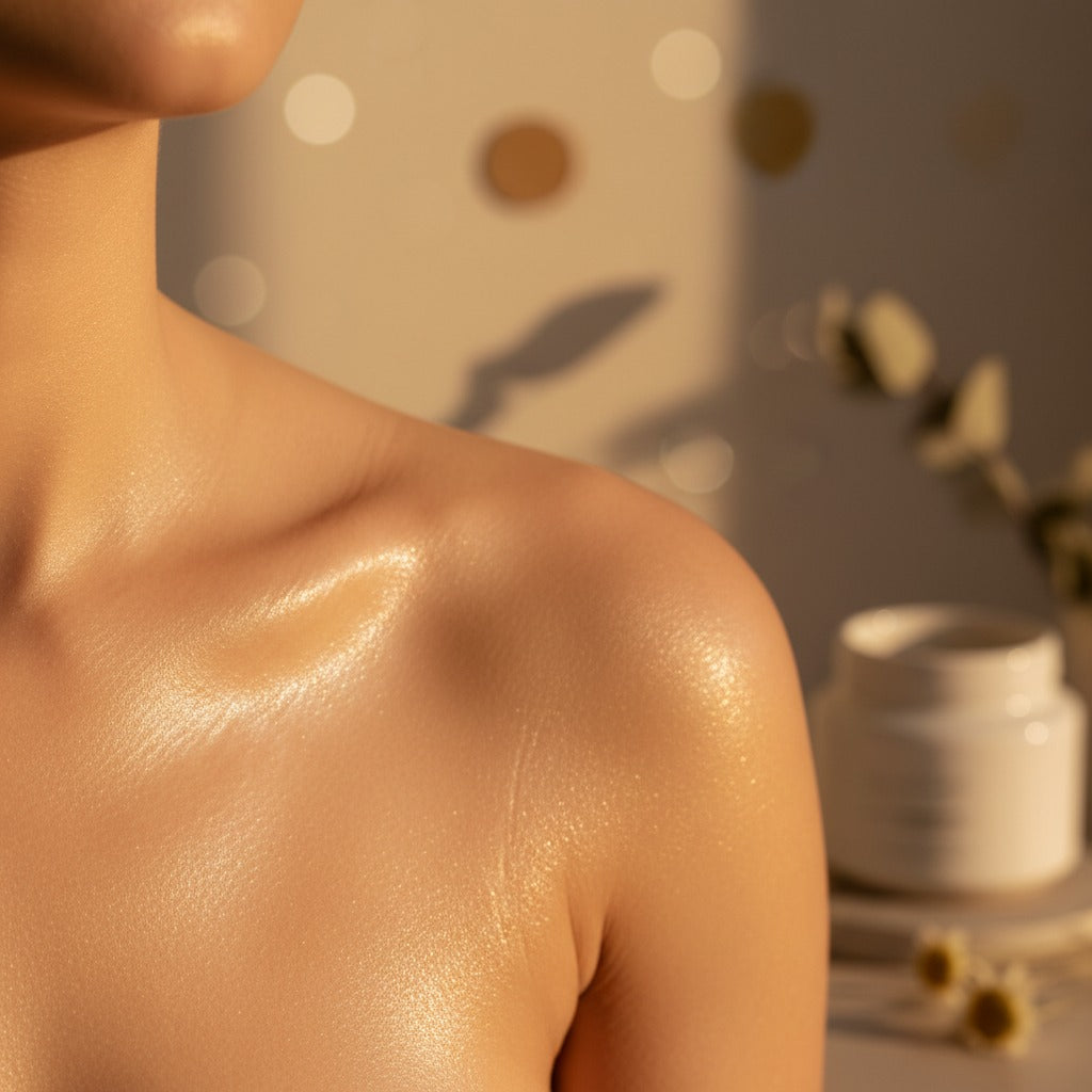 Close-up of radiant, glowing skin highlighting the results of Lulu's Holistics natural skincare products.