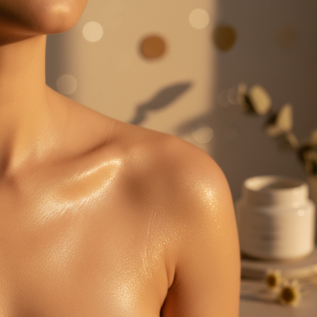 Close-up of smooth, radiant, glowing skin under warm sunlight with a Lulu's Holistics natural skincare jar and botanical elements blurred in the background