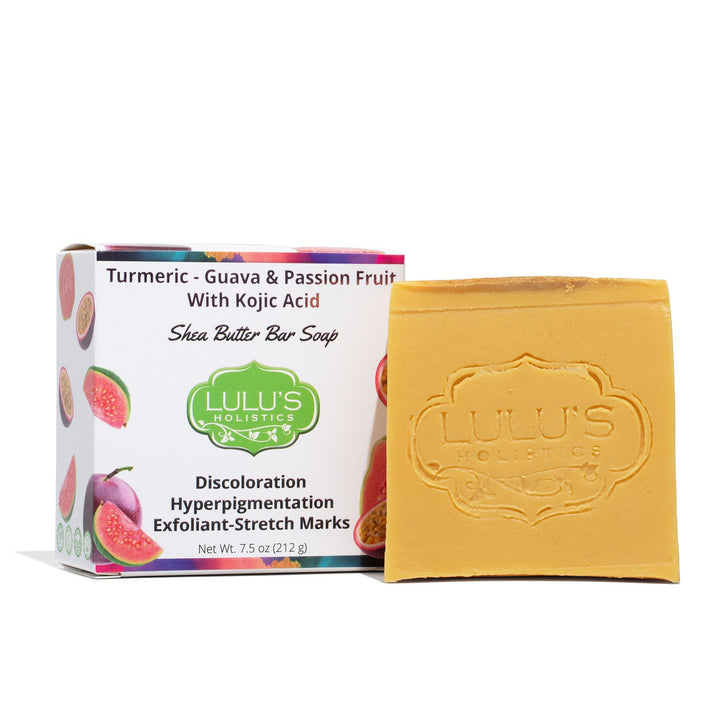 A fresh bar of Lulu's Holistics Guava Passionfruit Turmeric and Kojic Dipalmitate soap. The ultimate daily shea butter body wash to combat hyperpigmentation and reveal naturally glowing skin.