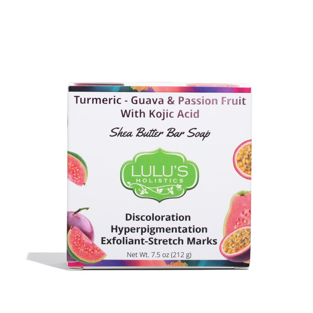 Lulu's Holistics guava passionfruit turmeric and kojic dipalmitate body soap infused with shea butter to target uneven skin tone and hyperpigmentation for a radiant glow.