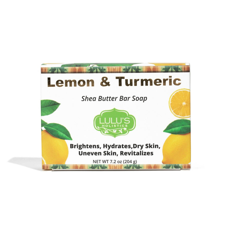 Front packaging view of Lulu's Holistics Lemon & Turmeric Shea Butter Bar Soap. The boxed packaging features vibrant lemon graphics and highlights key benefits including brightening, hydrating dry skin, soothing uneven skin, and revitalizing the complexion.