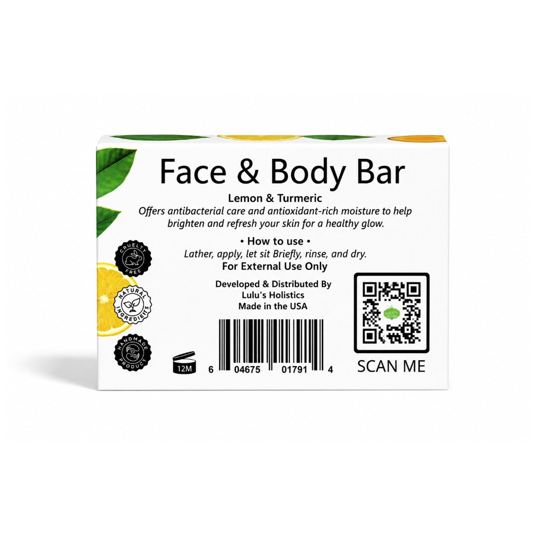 Back packaging view of Lulu's Holistics Lemon & Turmeric Face & Body Bar soap box on a clean white background, displaying usage directions, barcode, QR code, and natural certification seals.