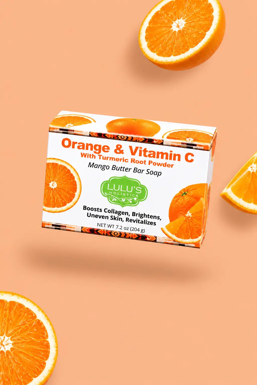 Video laden: E-commerce product video showcasing a floating box of Lulu's Holistics Orange and Vitamin C Mango Butter Bar Soap with animated lighting and rotating fresh orange slices on a peach background