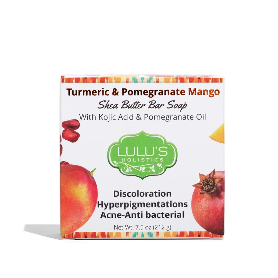 Lulu's Holistics Pomegranate Mango Kojic and Turmeric Shea Butter Bar Soap in its packaging, formulated for a daily brightening cleanse.