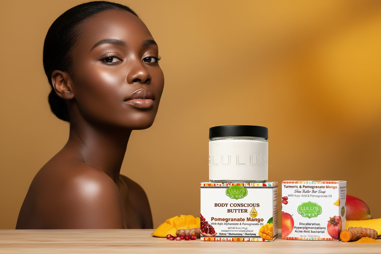 Lulu's Holistics homepage hero banner showcasing a model with radiant, glowing brown skin alongside Pomegranate Mango Whipped Body Butter and Turmeric Shea Butter Soap for fading dark spots and hyperpigmentation