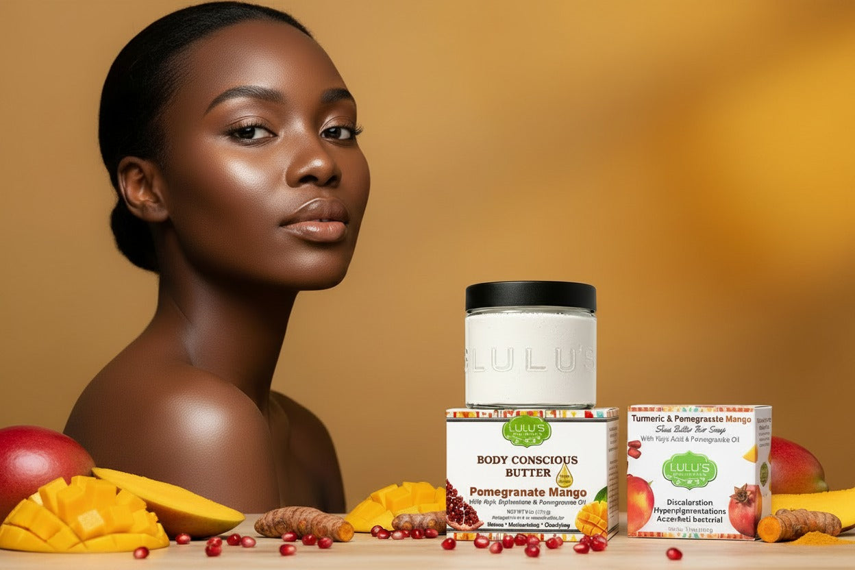 A model with radiant, glowing skin posing alongside Lulu's Holistics Pomegranate Mango Body Conscious Butter and Turmeric Pomegranate Mango Soap, styled with fresh mango slices and pomegranate seeds against a warm background.