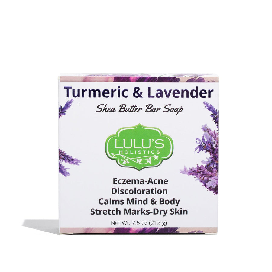 Box of Lulu's Holistics Turmeric and Lavender Shea Butter Bar Soap. A US-crafted natural daily cleanser formulated to target eczema, acne, and discoloration while calming sensitive skin.