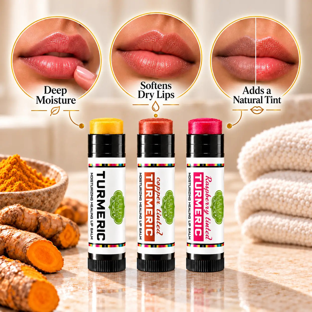 Lulu's Holistics Turmeric Moisture-Lock Conditioning Lip Balm Variety 3-Pack Bundle