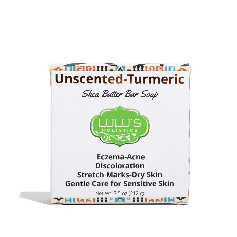 Lulu's Holistics unscented turmeric and shea butter bar soap. A completely fragrance-free, natural daily cleansing bar formulated with raw turmeric root to visibly fade dark spots and hyperpigmentation while soothing eczema-prone, highly reactive, and sensitive skin without irritation.