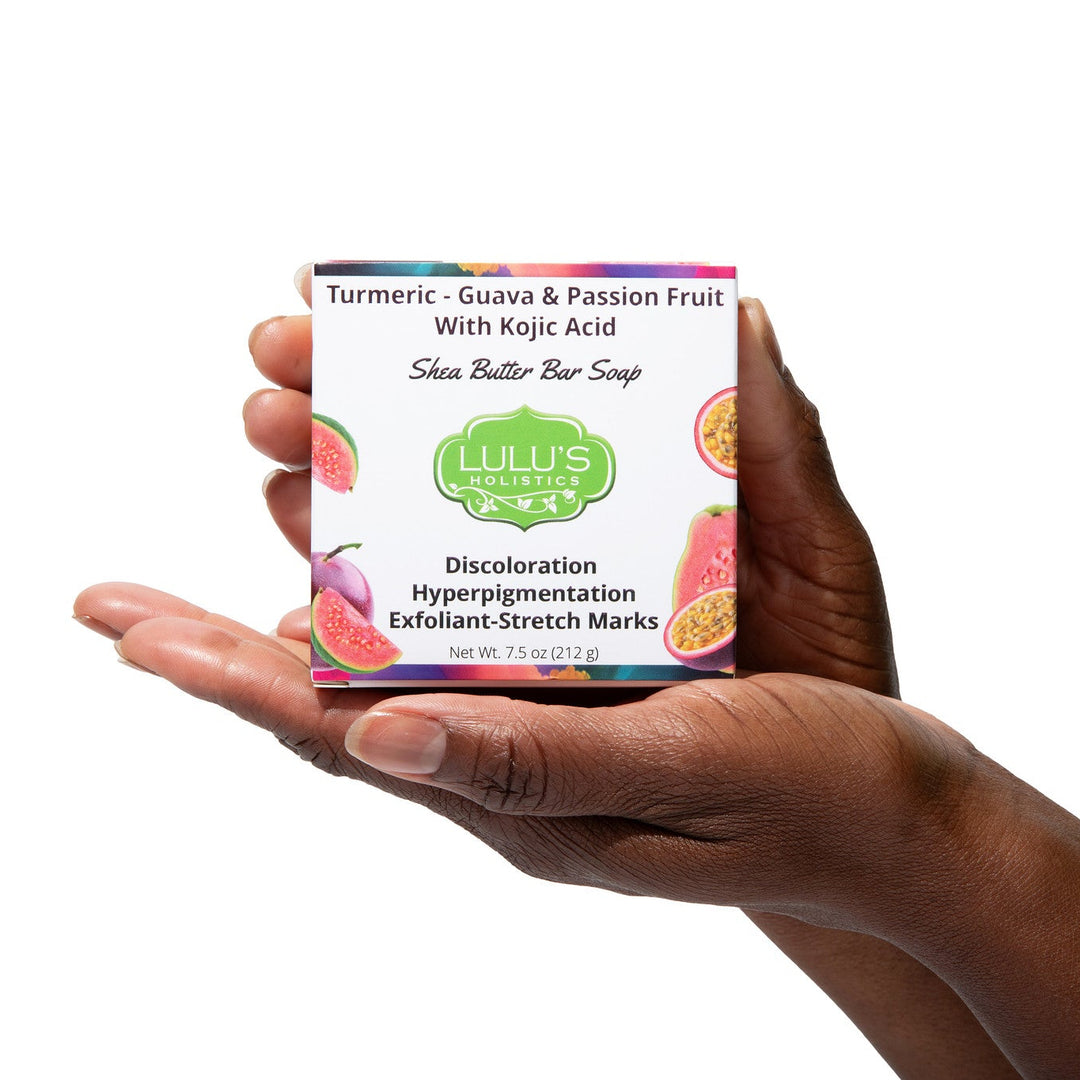 A close-up of Lulu's Holistics vegan Guava Passionfruit soap. Expertly blended with raw shea butter, natural turmeric, and kojic dipalmitate for a gentle brightening cleanse that deeply nourishes the skin.