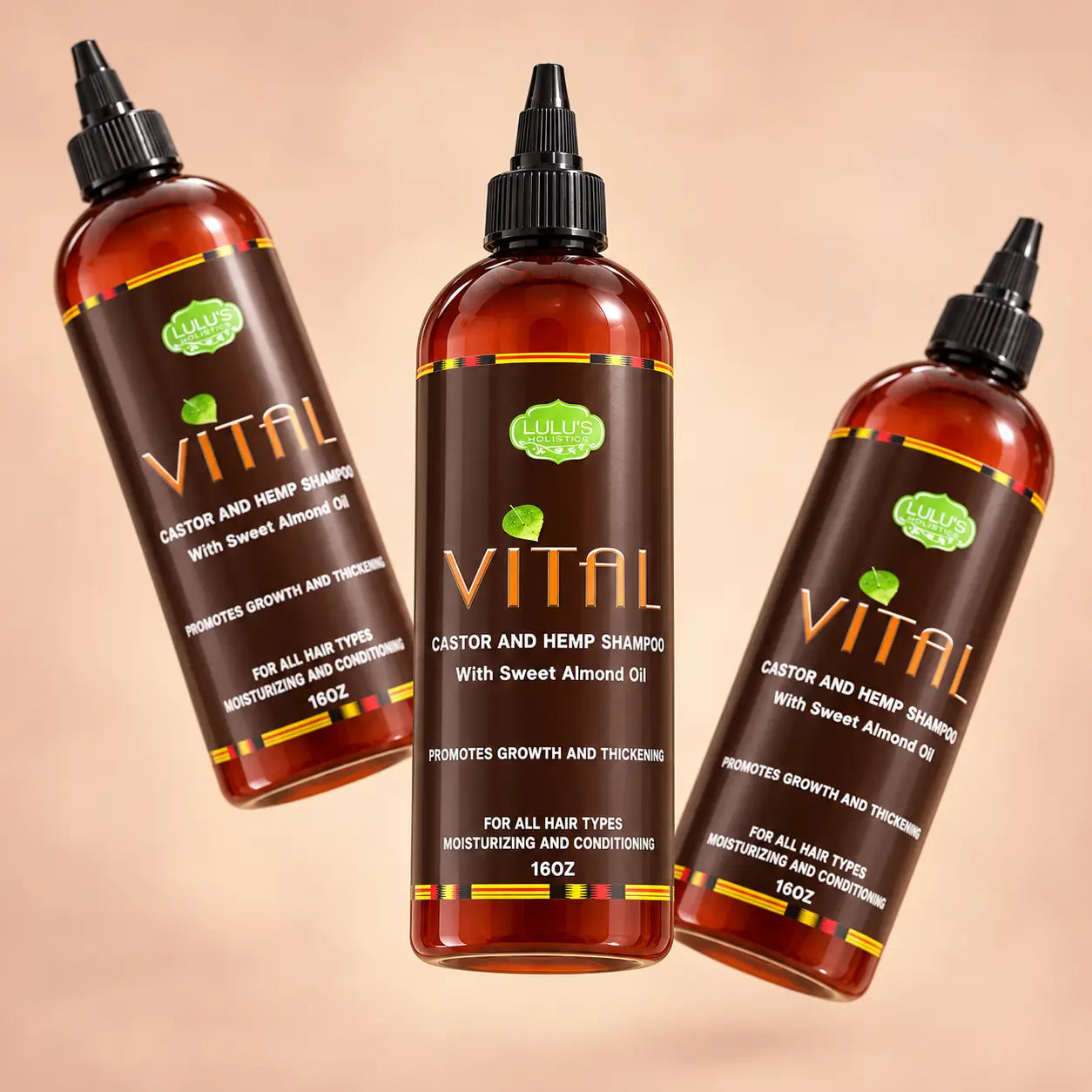Three sixteen-ounce applicator bottles of Lulu's Holistics Vital Castor and Hemp Shampoo floating against a warm sun-drenched tan gradient background