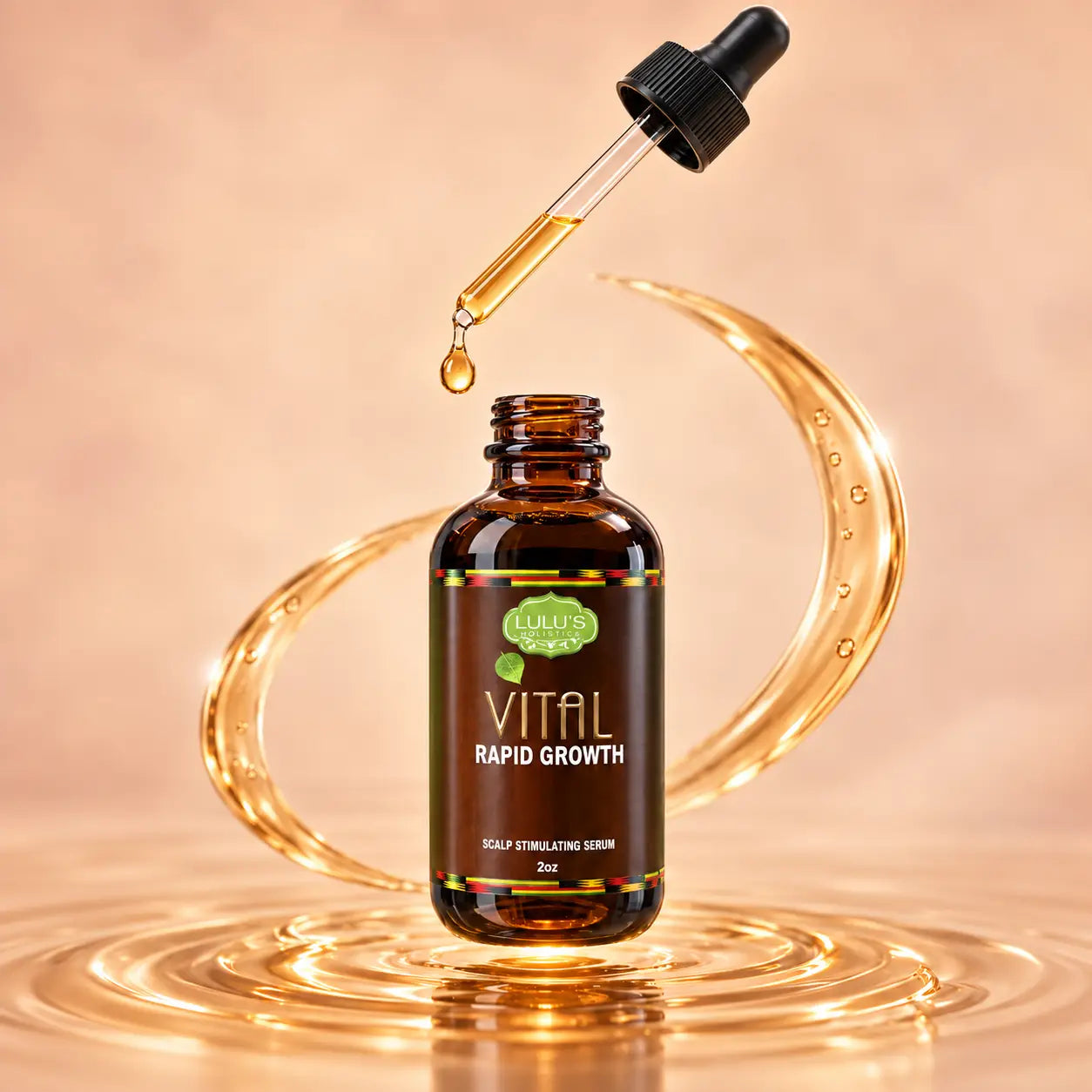 Two-ounce glass dropper bottle of Lulu's Holistics Vital Rapid Growth Scalp Stimulating Serum suspended mid-air inside a swirling golden oil splash ring