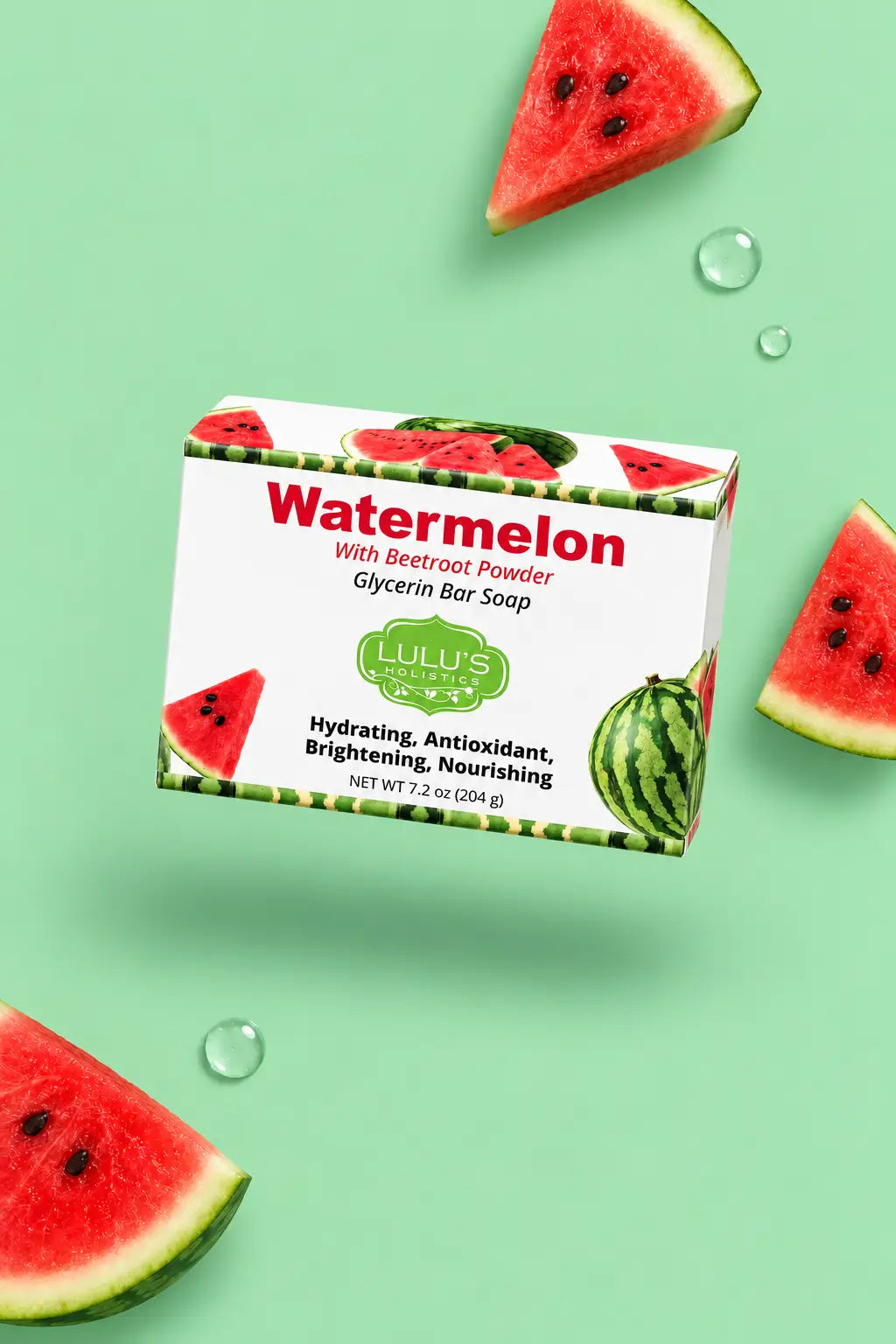 Video laden: Floating box of Lulu's Holistics Watermelon with Beetroot Powder Glycerin Bar Soap surrounded by watermelon slices on a light green background