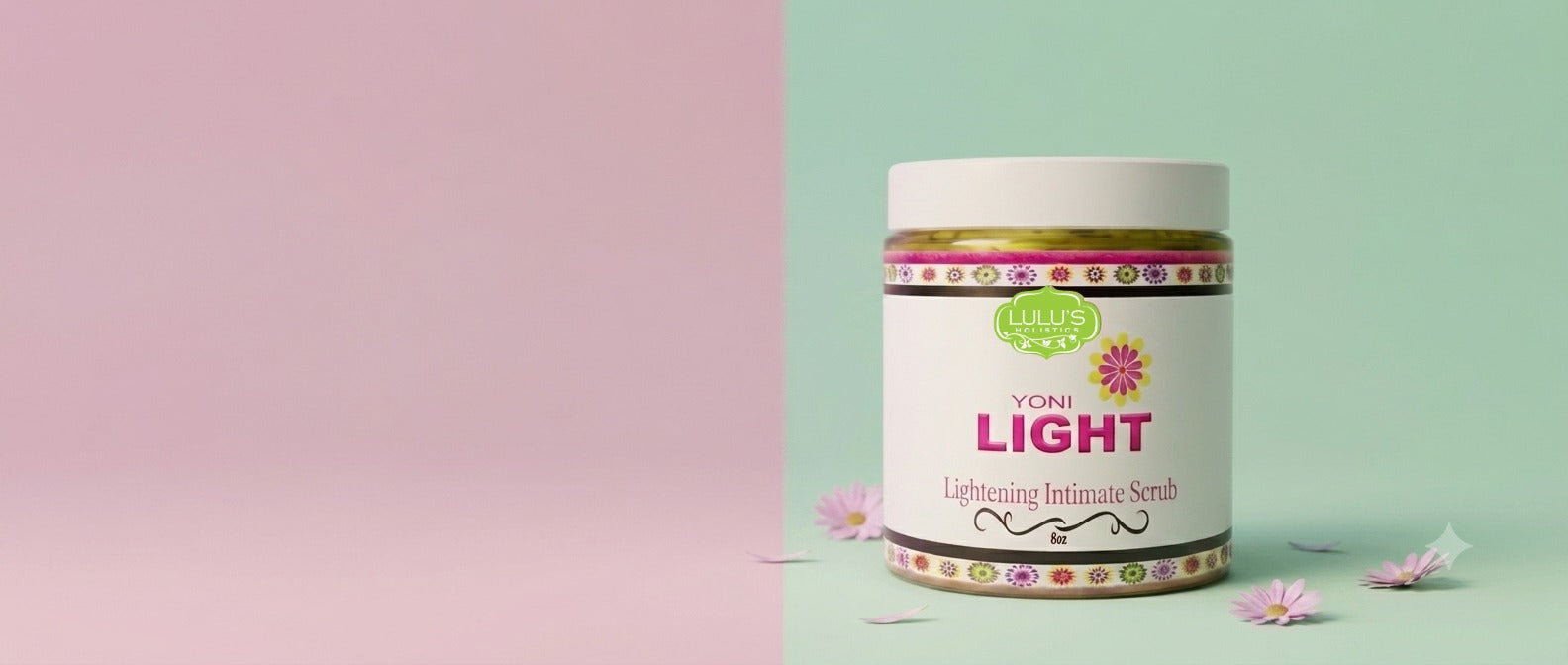 A 8oz jar of Lulu's Holistics Yoni Light Lightening Intimate Scrub for natural exfoliation and fading dark spots in intimate areas, set against a pastel pink and lavender background with white daisies and pink petals.