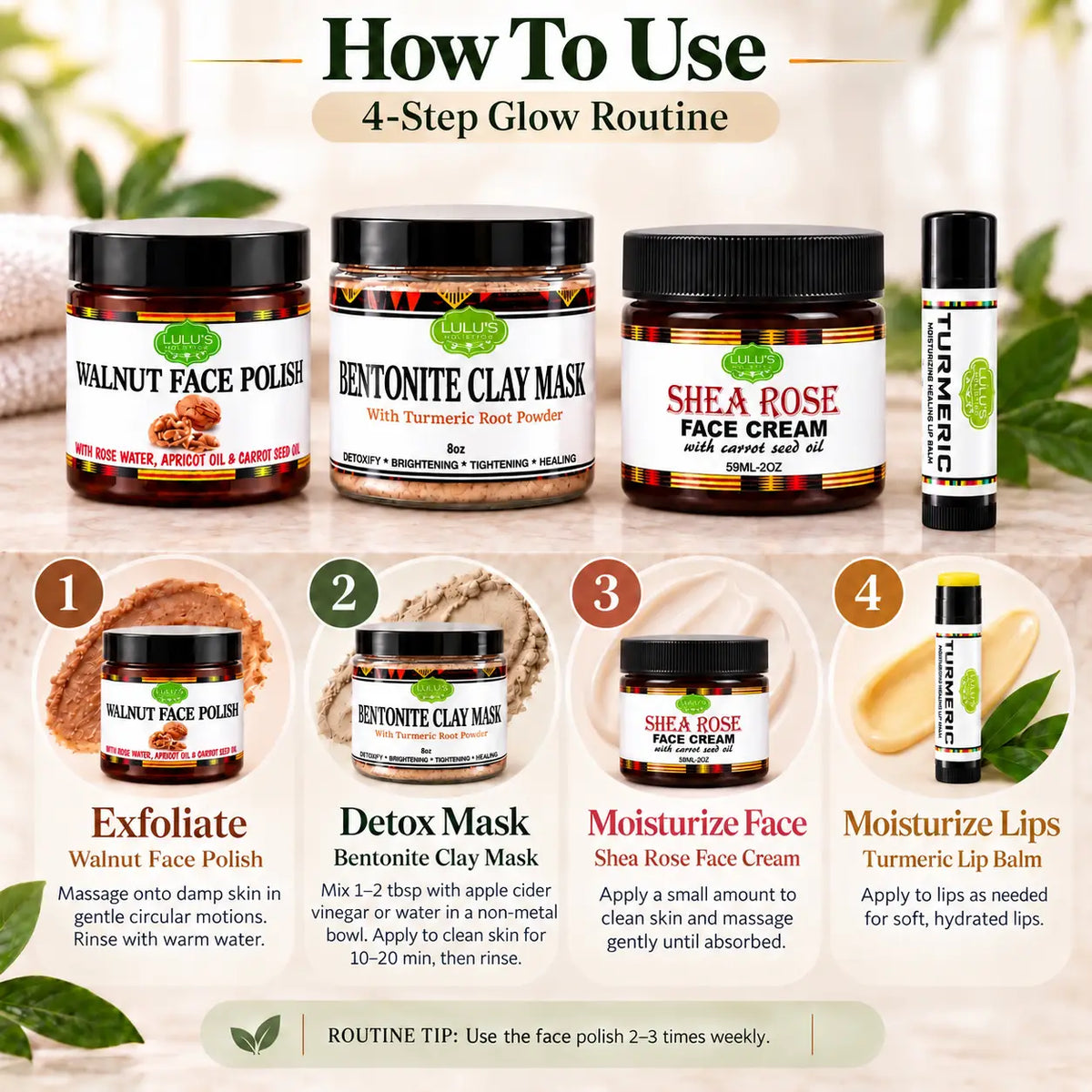 Detox & Glow Hauttrio – Tonerde-Maske, Gesichts-Peeling & Lippenbalsam