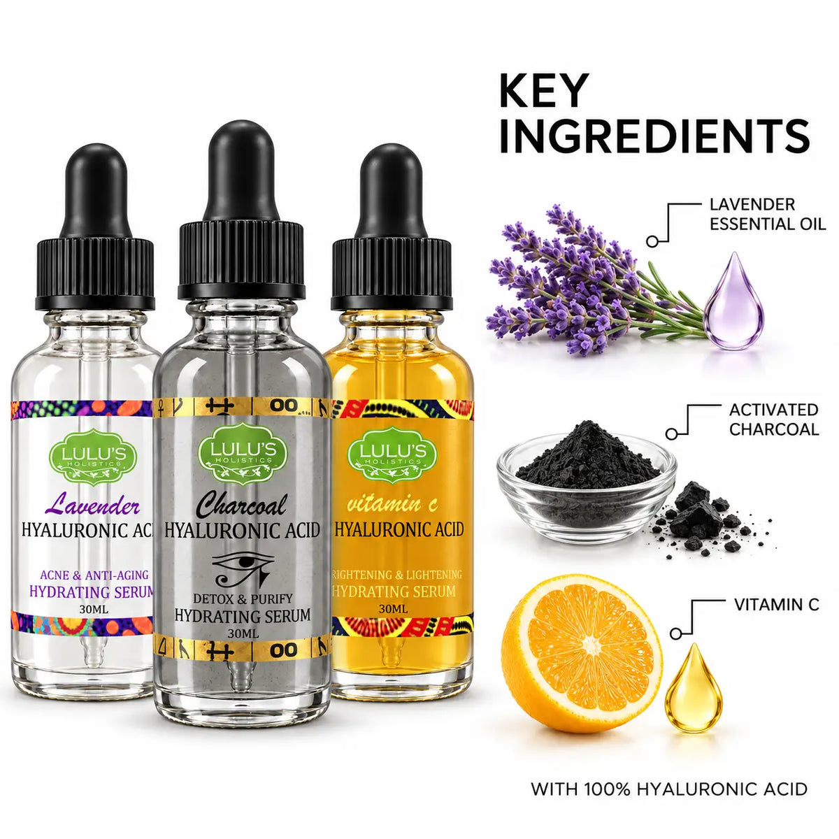 Lulu's Holistics Hyaluronic Acid Targeted Serum Variety Pack Complete 3-Piece Set