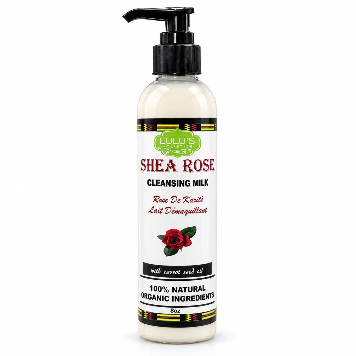 Eight-ounce tall clear bottle of Lulu's Holistics Shea Rose Cleansing Milk displaying a black lotion pump nozzle a red rose graphic and native pattern borders