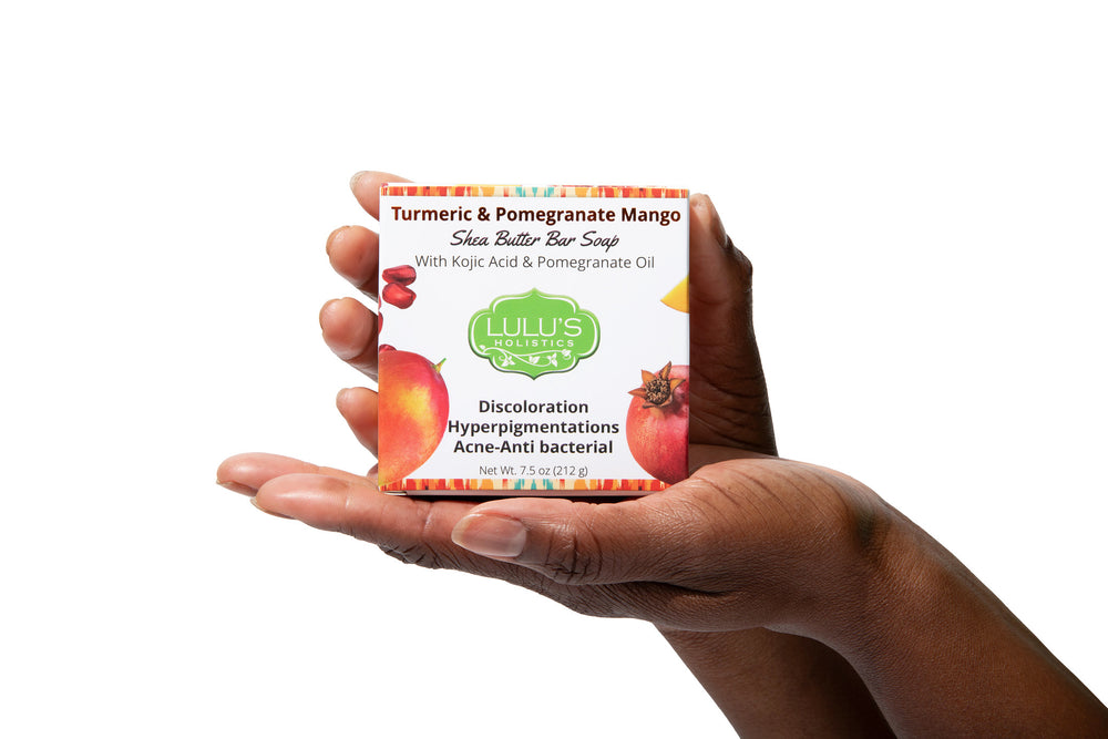 Lulu’s Holistics Pomegranate Mango Turmeric Kojic Shea Butter Bar Soap, brightening cleanse with fresh fruit and shea butter ingredients.