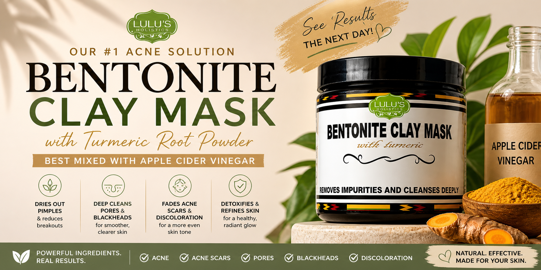 Lulu's Holistics Bentonite Clay Mask with Turmeric promotional banner featuring a product jar next to a bottle of apple cider vinegar, with text reading Our number one acne solution Bentonite Clay Mask.