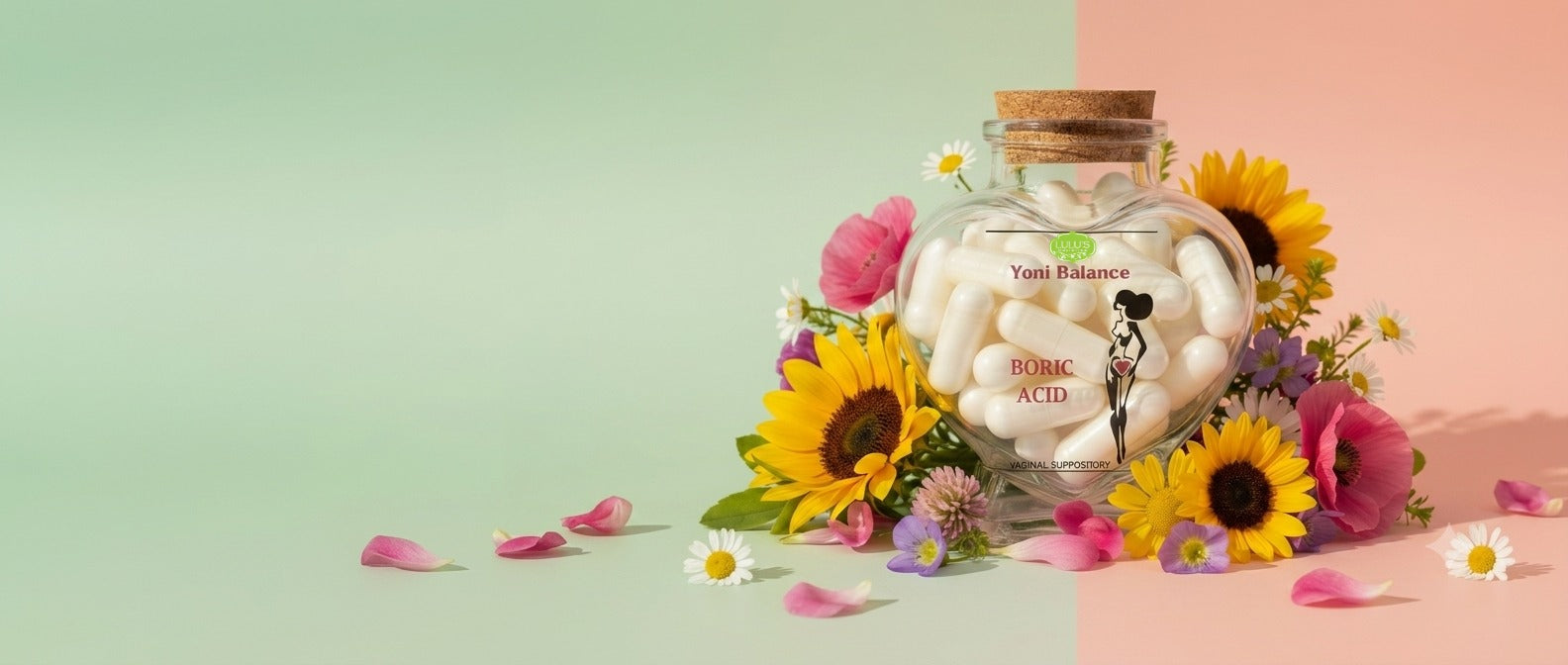 Lulu's Holistics Yoni Balance Boric Acid Suppositories for natural feminine pH support and freshness. Heart-shaped glass jar surrounded by sunflowers and pink wildflowers on a split pastel background.