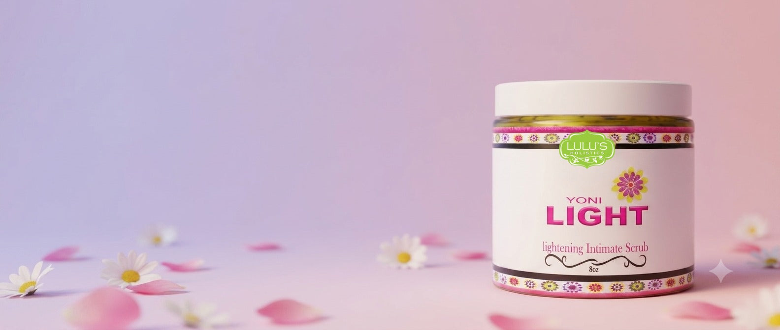 Lulu's Holistics Yoni Light Lightening Intimate Scrub (8oz) for natural exfoliation and fading dark spots. Displayed on a pastel pink and purple gradient background with white daisies and pink petals.